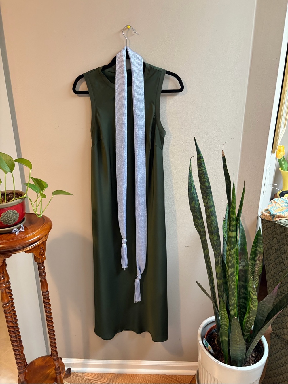 Scoop NYC Olive Green Sleeveless Maxi Dress with Light blue Chico’s Scarf